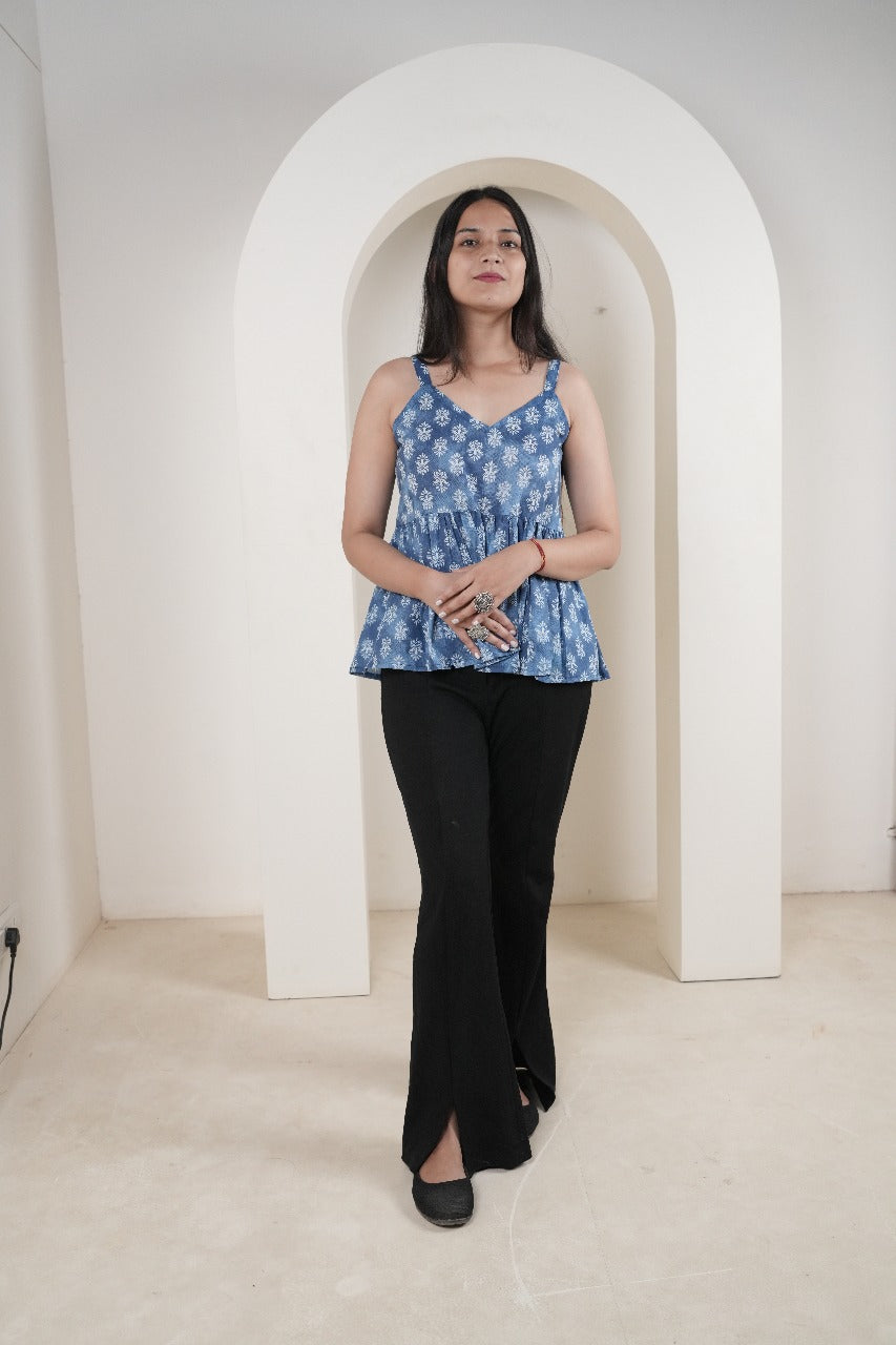 Blue Floral Sleeveless Peplum Kurti