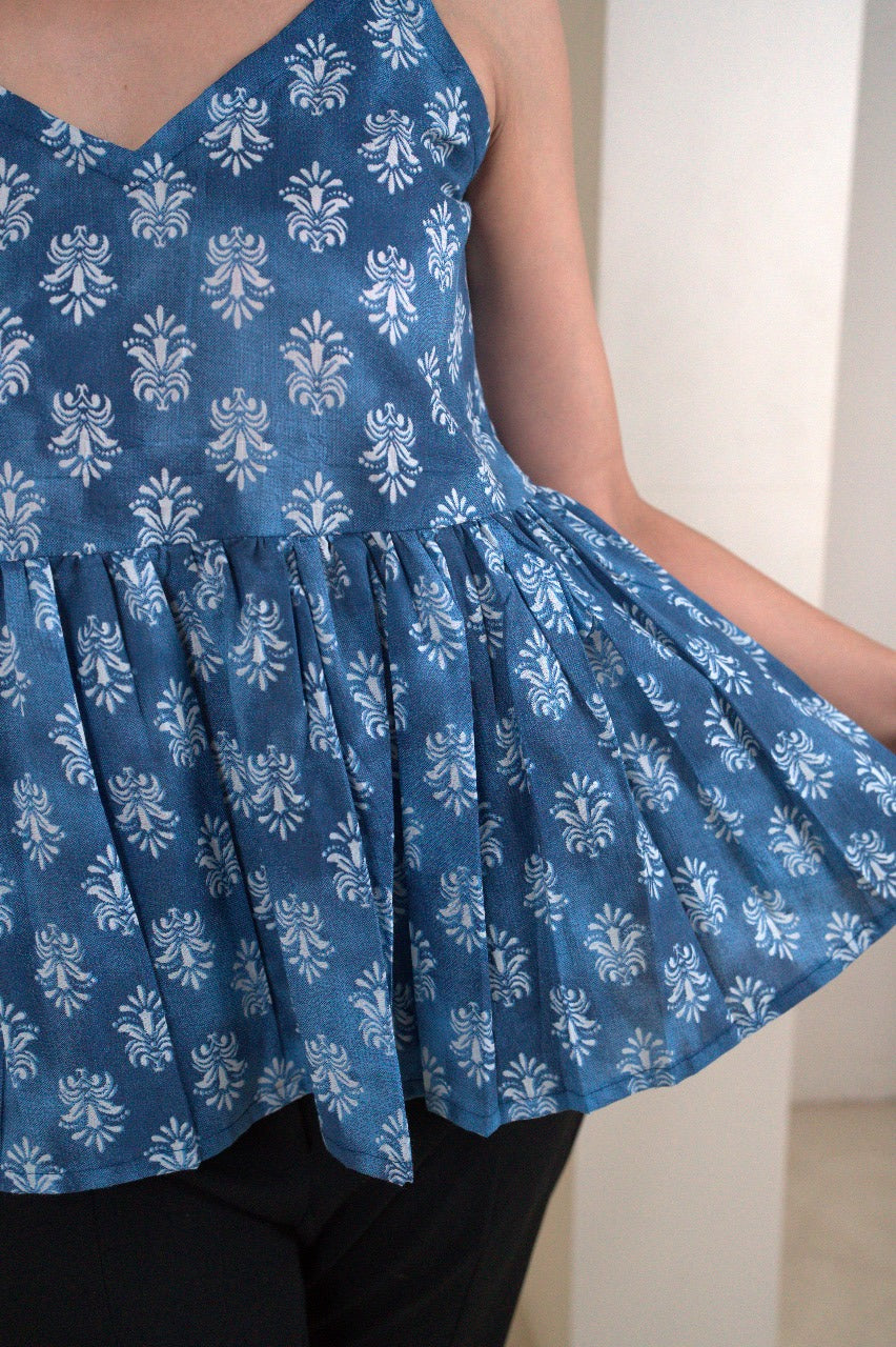 Blue Floral Sleeveless Peplum Kurti