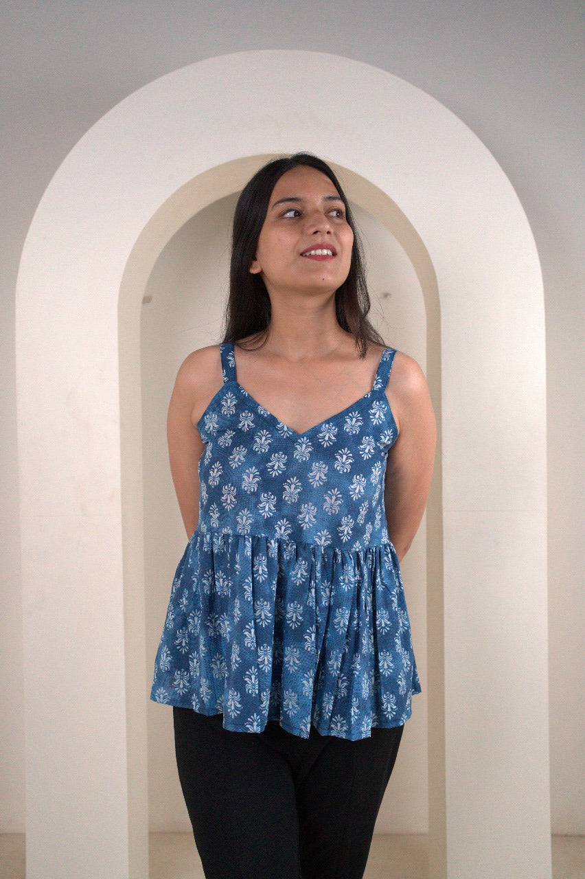 Blue Floral Sleeveless Peplum Kurti