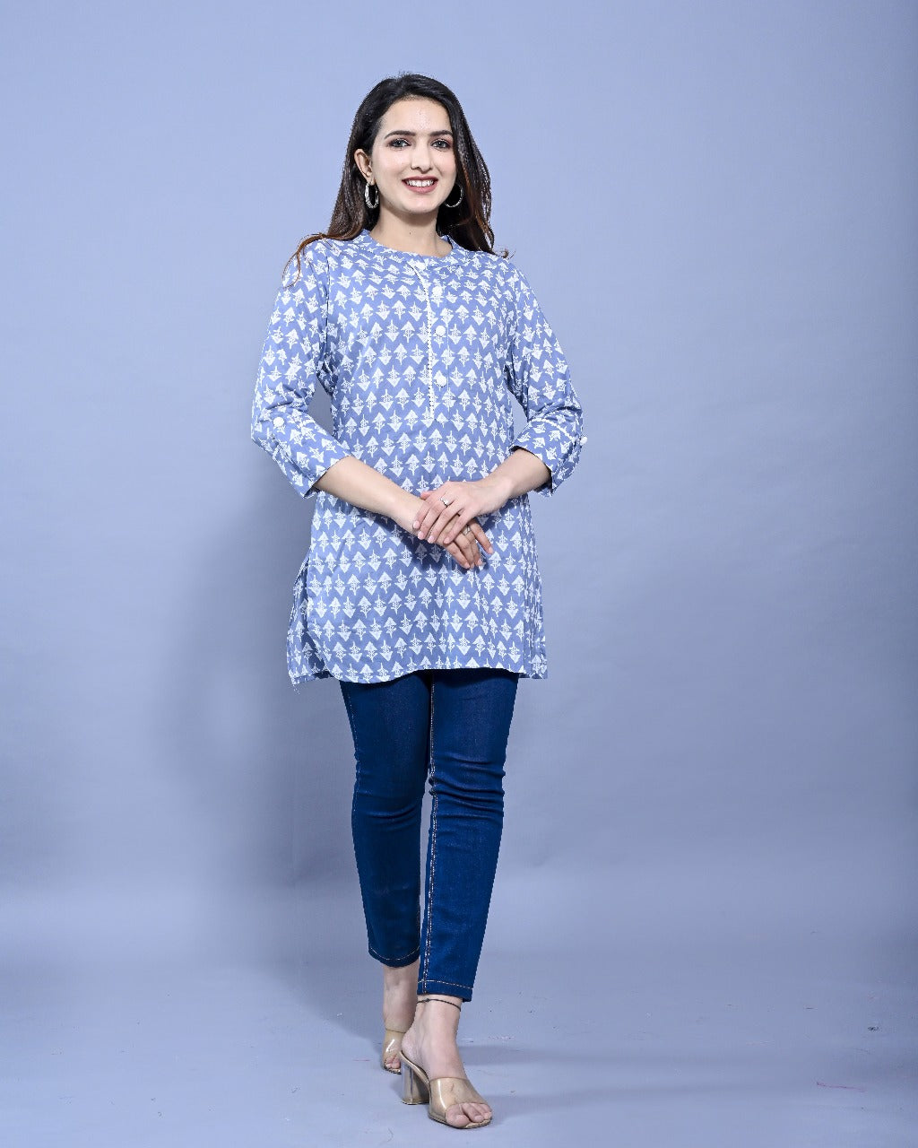 Aadviik Fashions Blue and White Printed Cotton Kurti