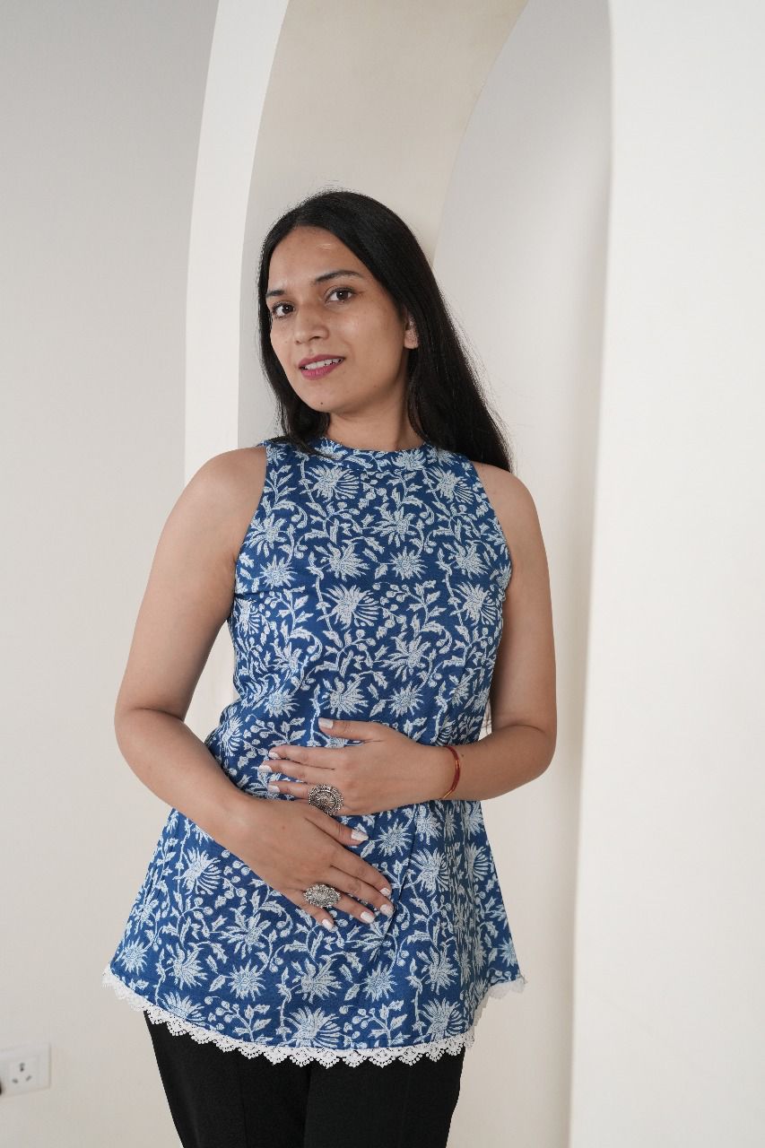 Floral & Geometric Print Sleeveless Kurti