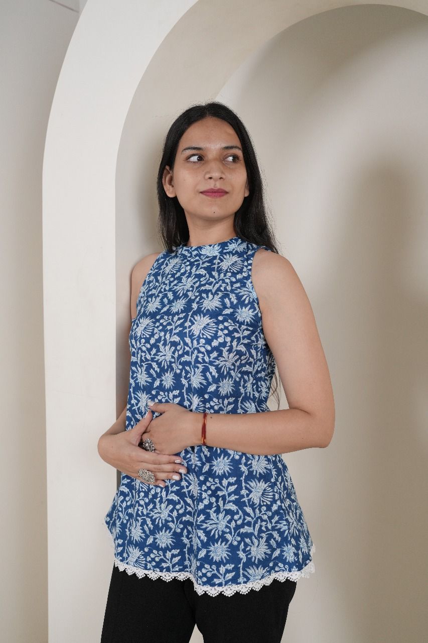 Floral & Geometric Print Sleeveless Kurti