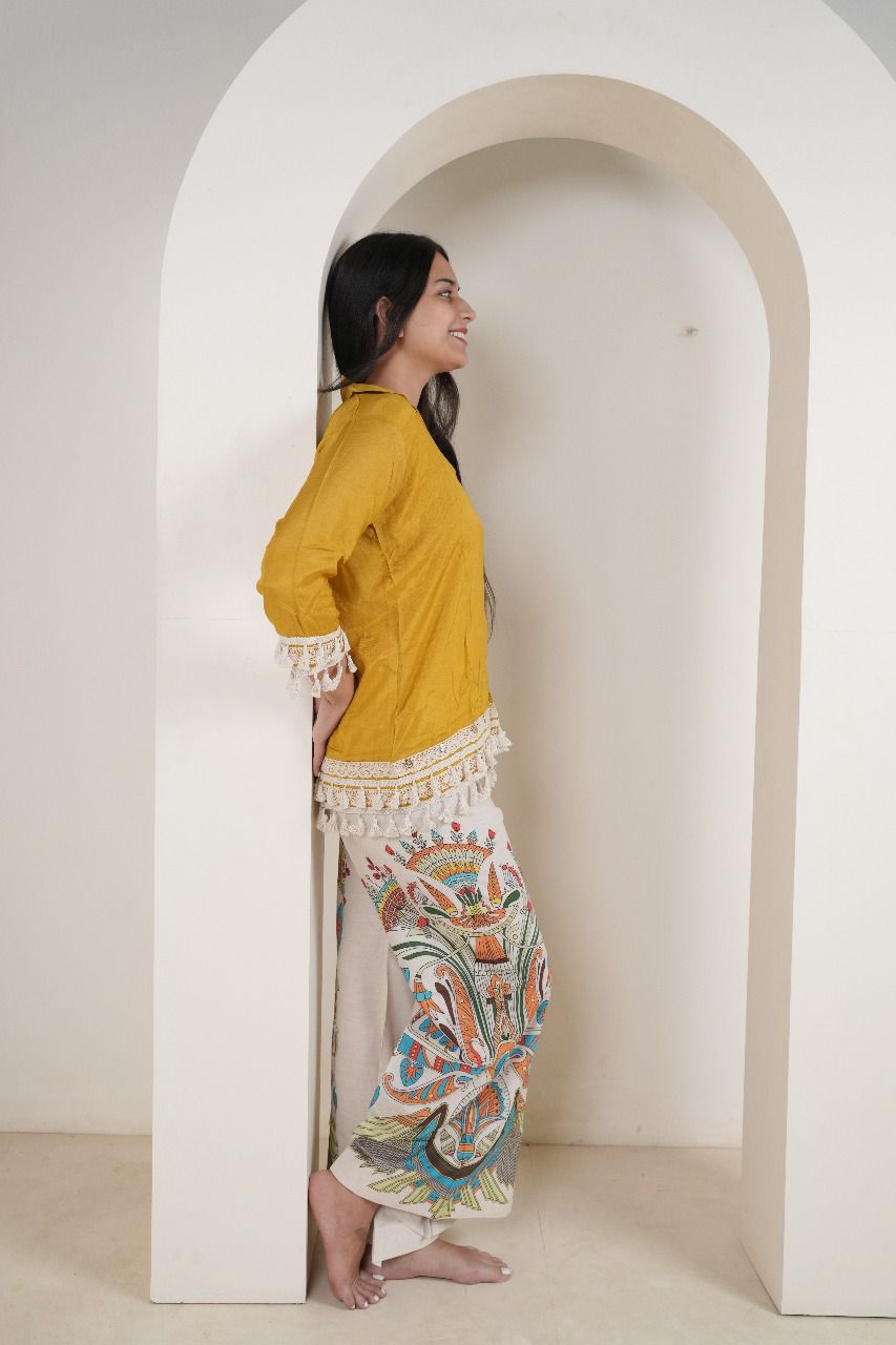 Mustard Yellow Cotton Silk Top with Kalamkari Hand-Painted Pants