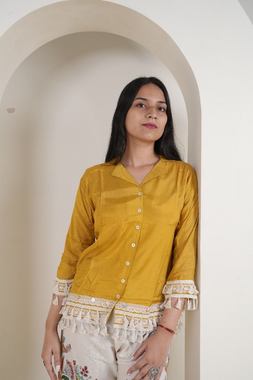Mustard Yellow Cotton Silk Top with Kalamkari Hand-Painted Pants