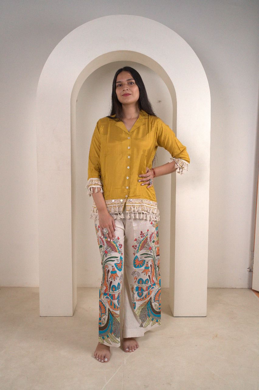 Mustard Yellow Cotton Silk Top with Kalamkari Hand-Painted Pants