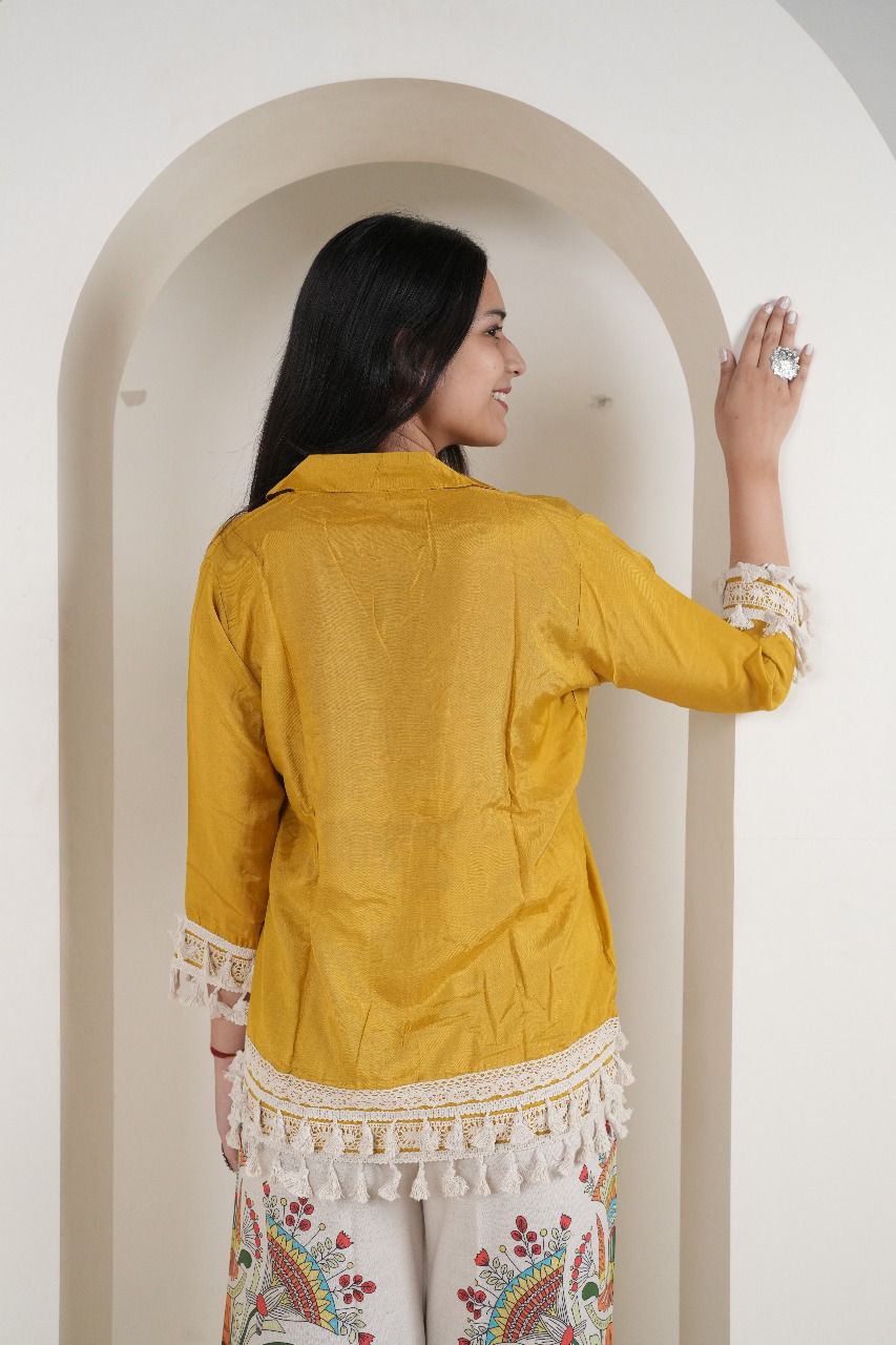 Mustard Yellow Cotton Silk Top with Kalamkari Hand-Painted Pants