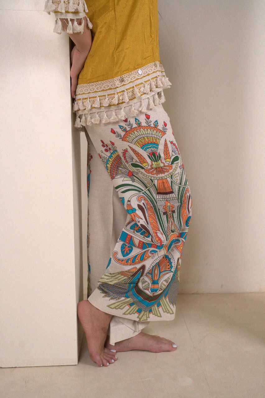 Mustard Yellow Cotton Silk Top with Kalamkari Hand-Painted Pants