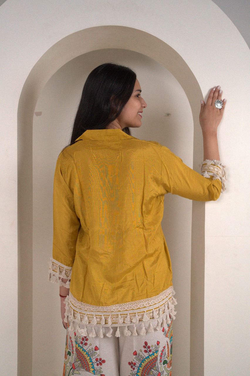 Mustard Yellow Cotton Silk Top with Kalamkari Hand-Painted Pants