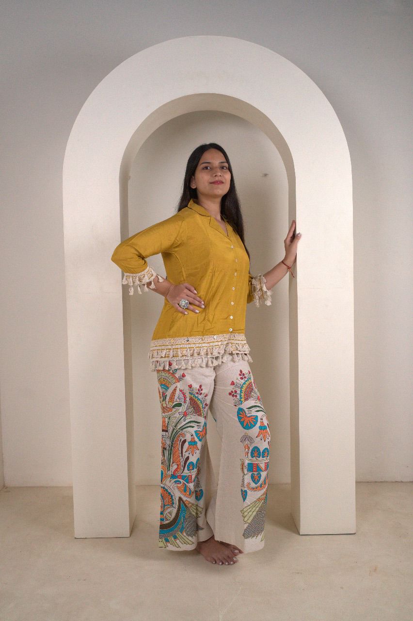 Mustard Yellow Cotton Silk Top with Kalamkari Hand-Painted Pants