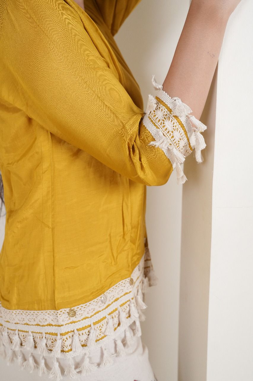 Mustard Yellow Cotton Silk Top with Kalamkari Hand-Painted Pants