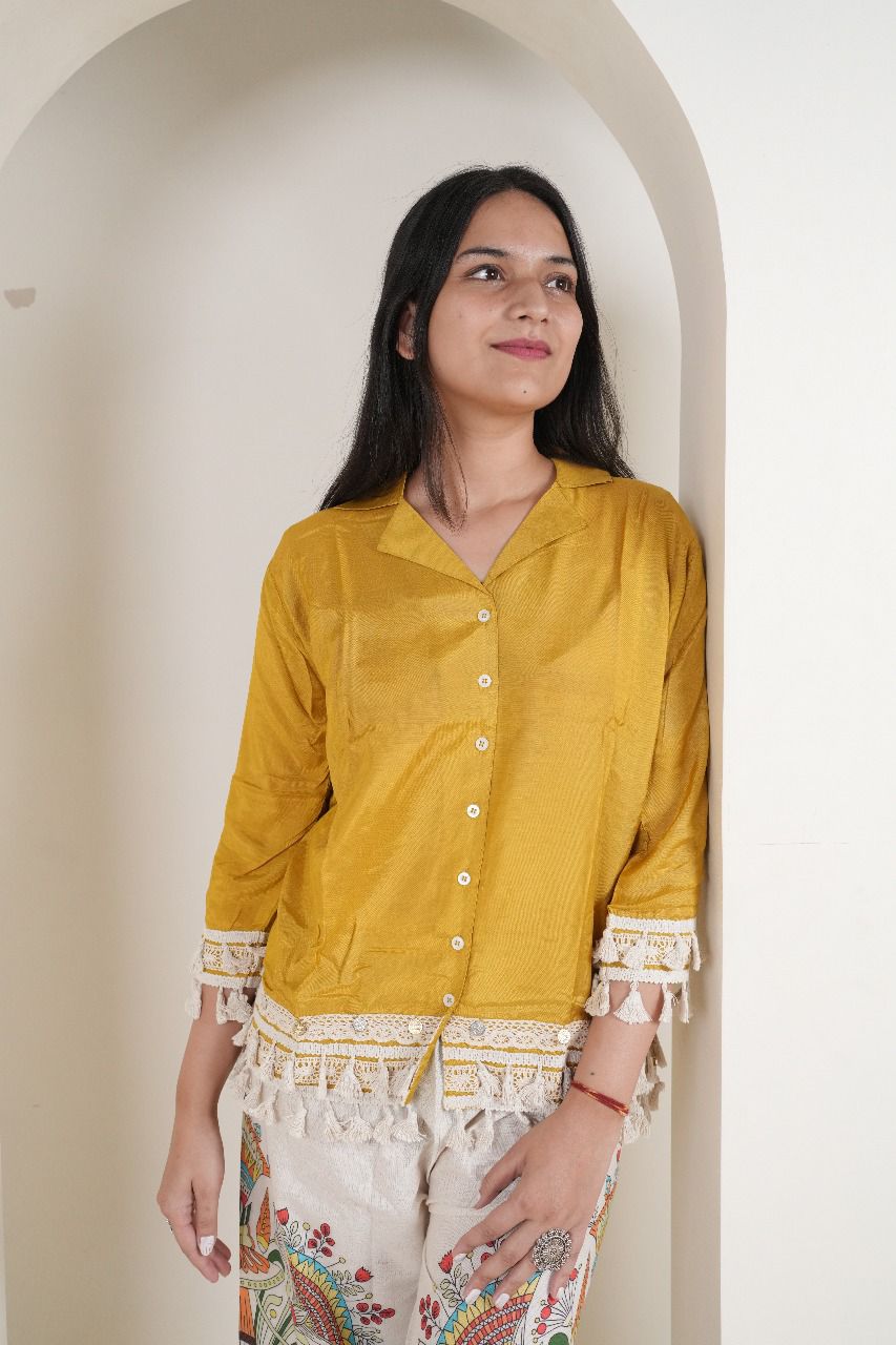Mustard Yellow Cotton Silk Top with Kalamkari Hand-Painted Pants