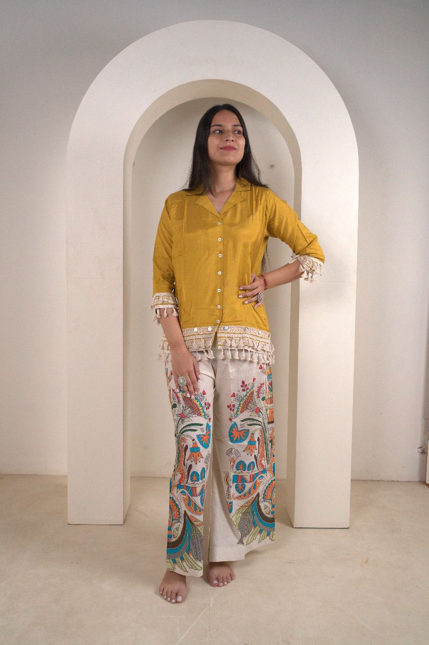 Mustard Yellow Cotton Silk Top with Kalamkari Hand-Painted Pants