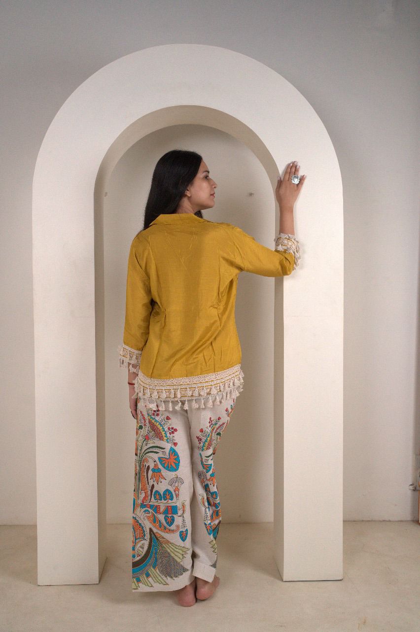 Mustard Yellow Cotton Silk Top with Kalamkari Hand-Painted Pants