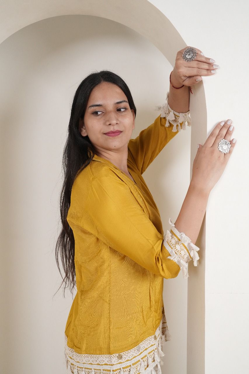 Mustard Yellow Cotton Silk Top with Kalamkari Hand-Painted Pants