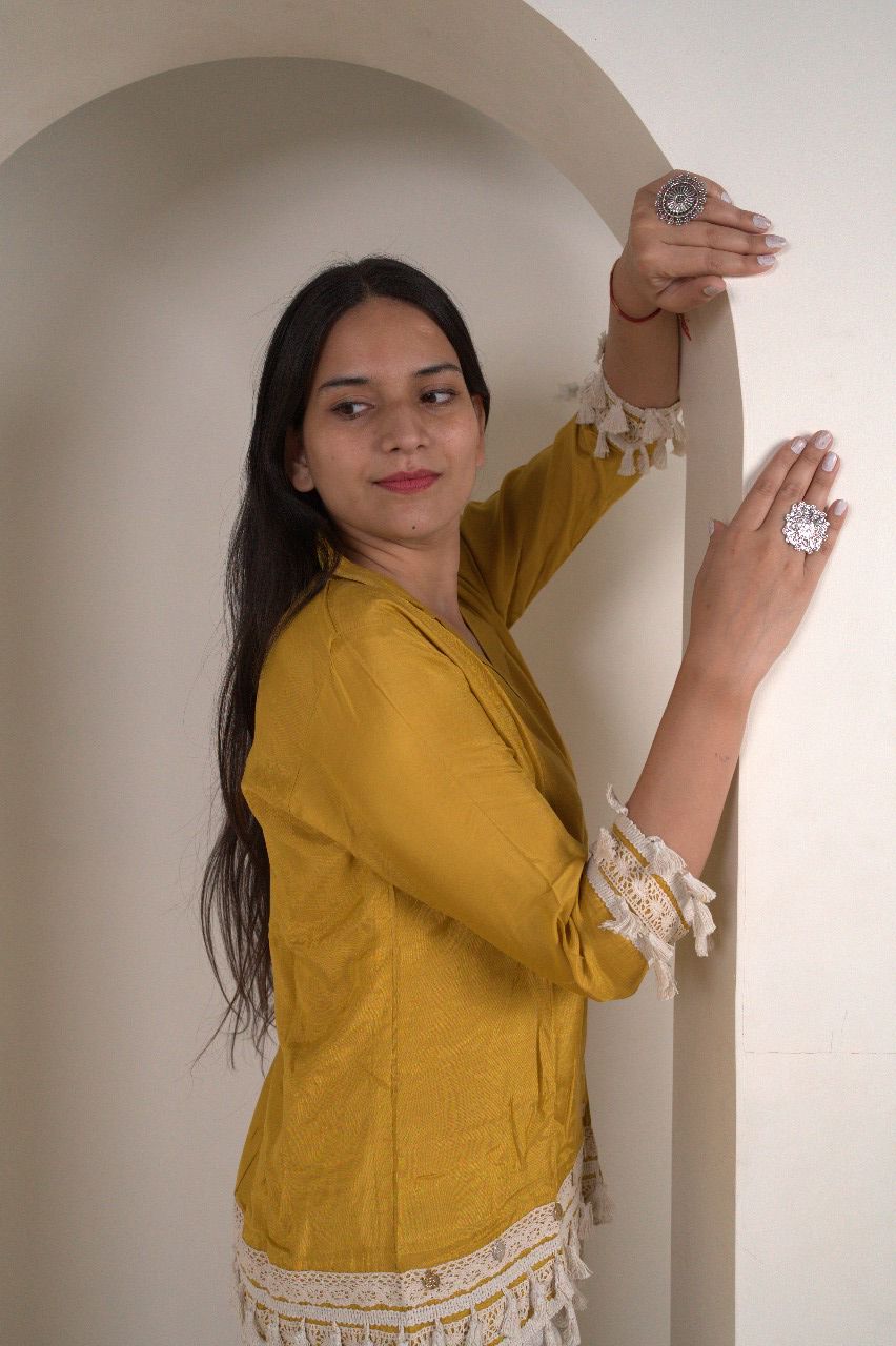 Mustard Yellow Cotton Silk Top with Kalamkari Hand-Painted Pants