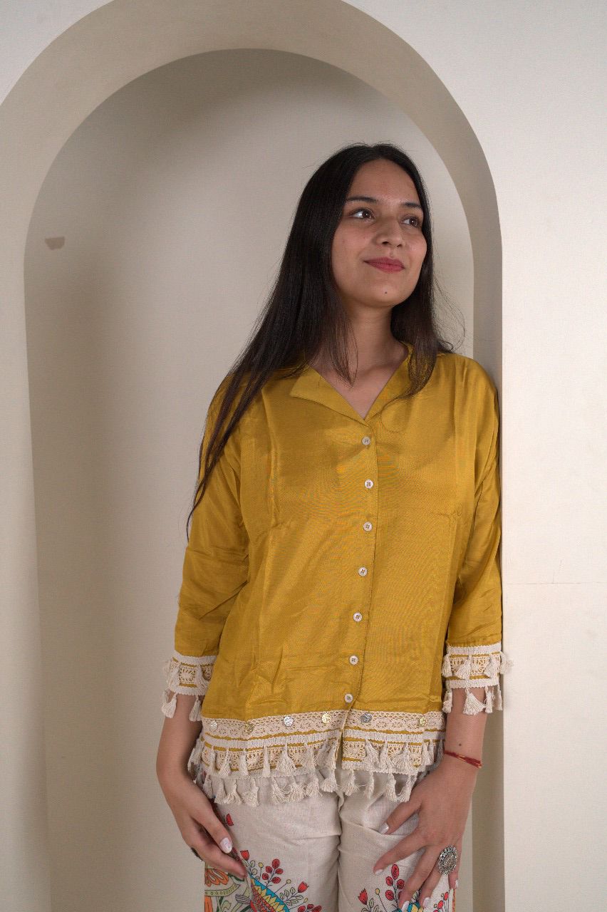 Mustard Yellow Cotton Silk Top with Kalamkari Hand-Painted Pants