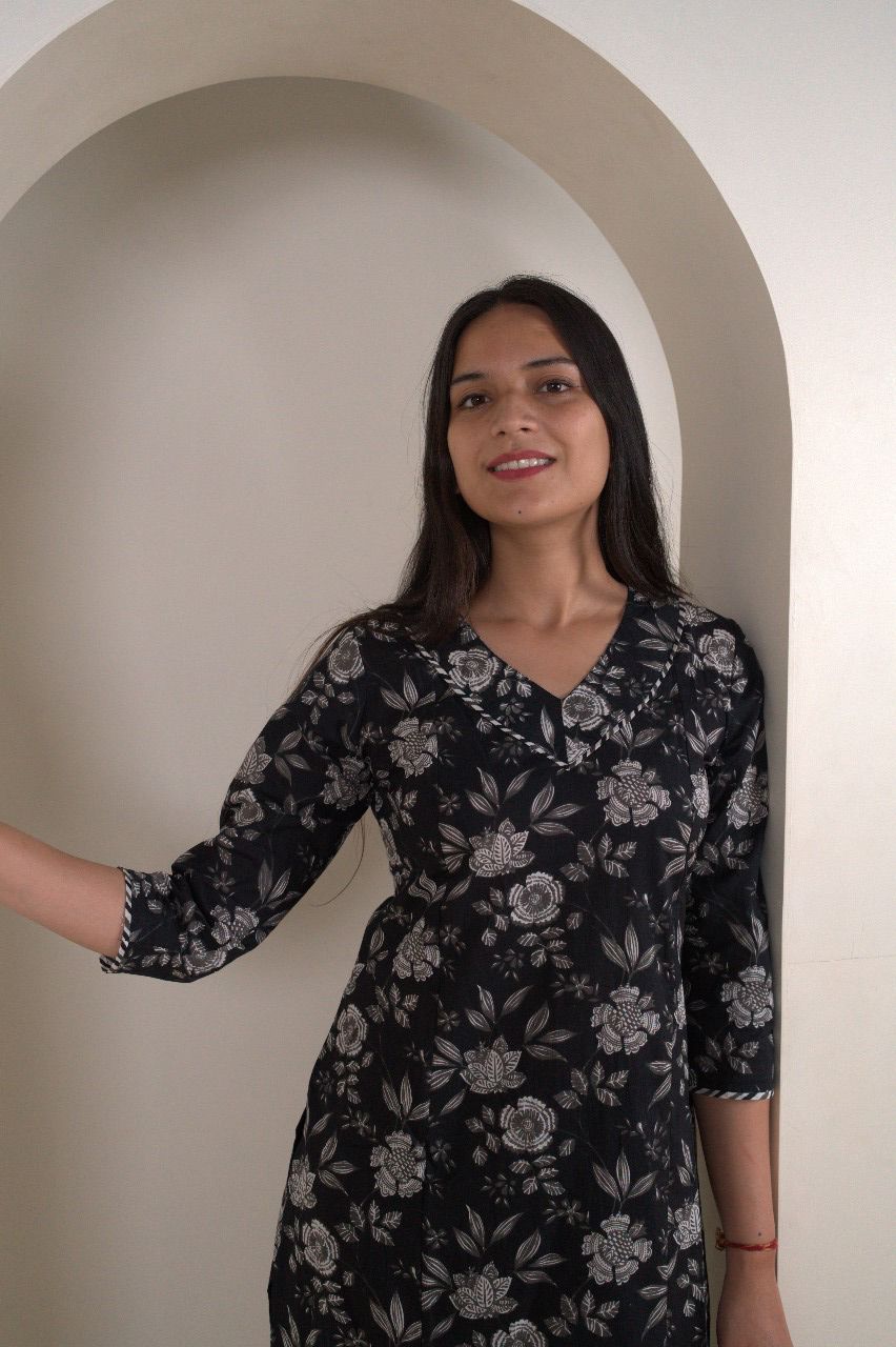 Classic Black & White Floral Cotton Kurti