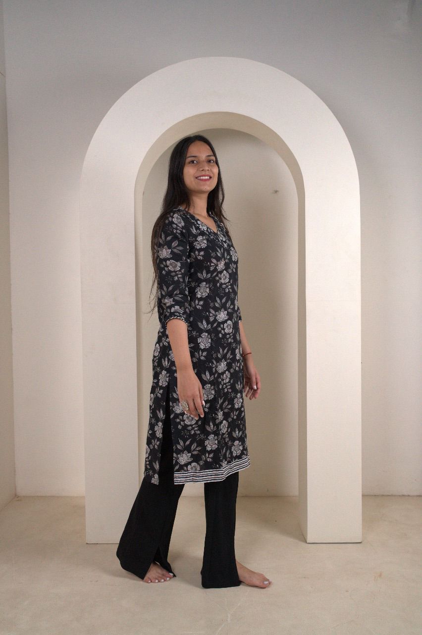 Classic Black & White Floral Cotton Kurti
