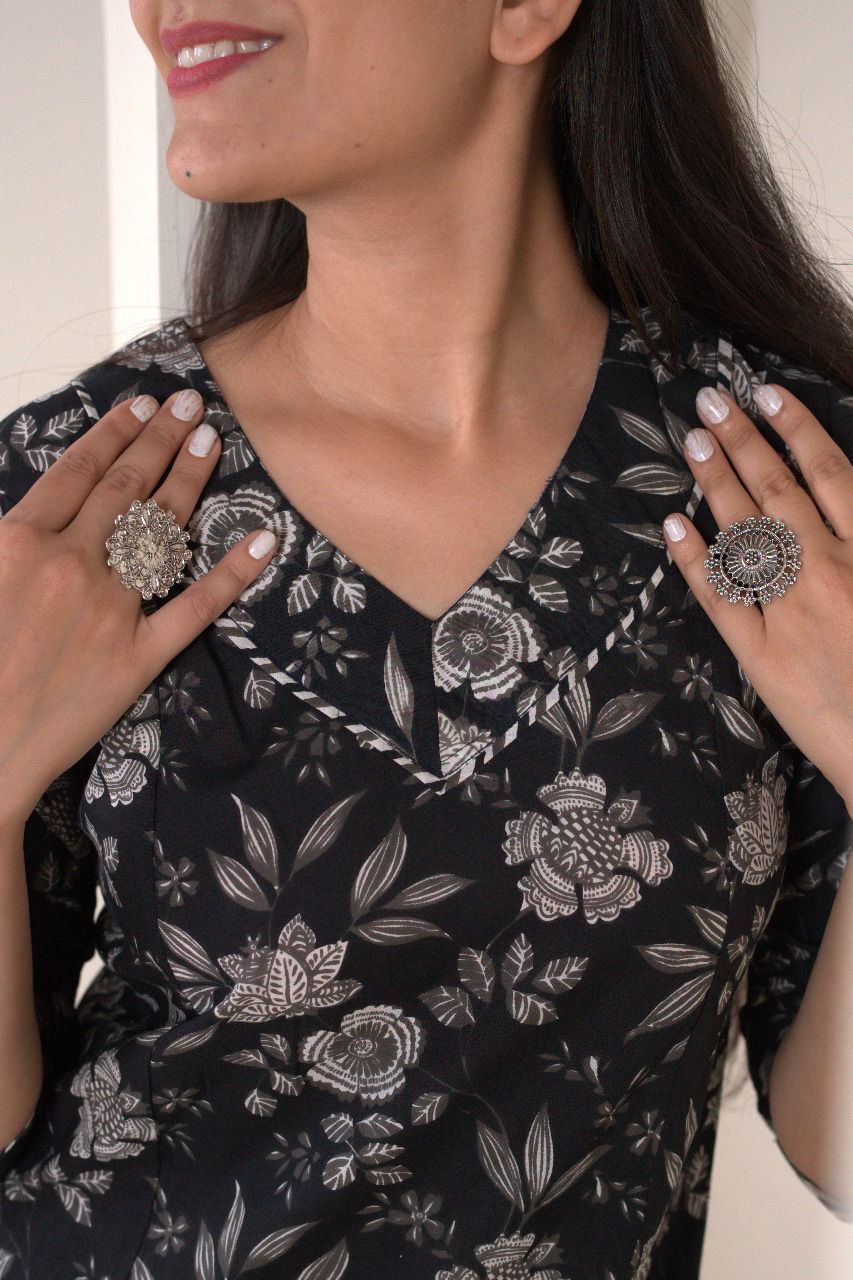 Classic Black & White Floral Cotton Kurti