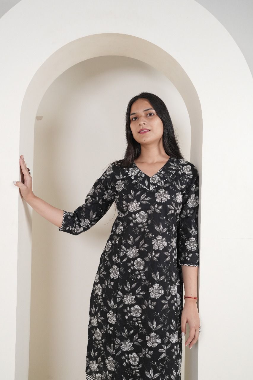 Classic Black & White Floral Cotton Kurti