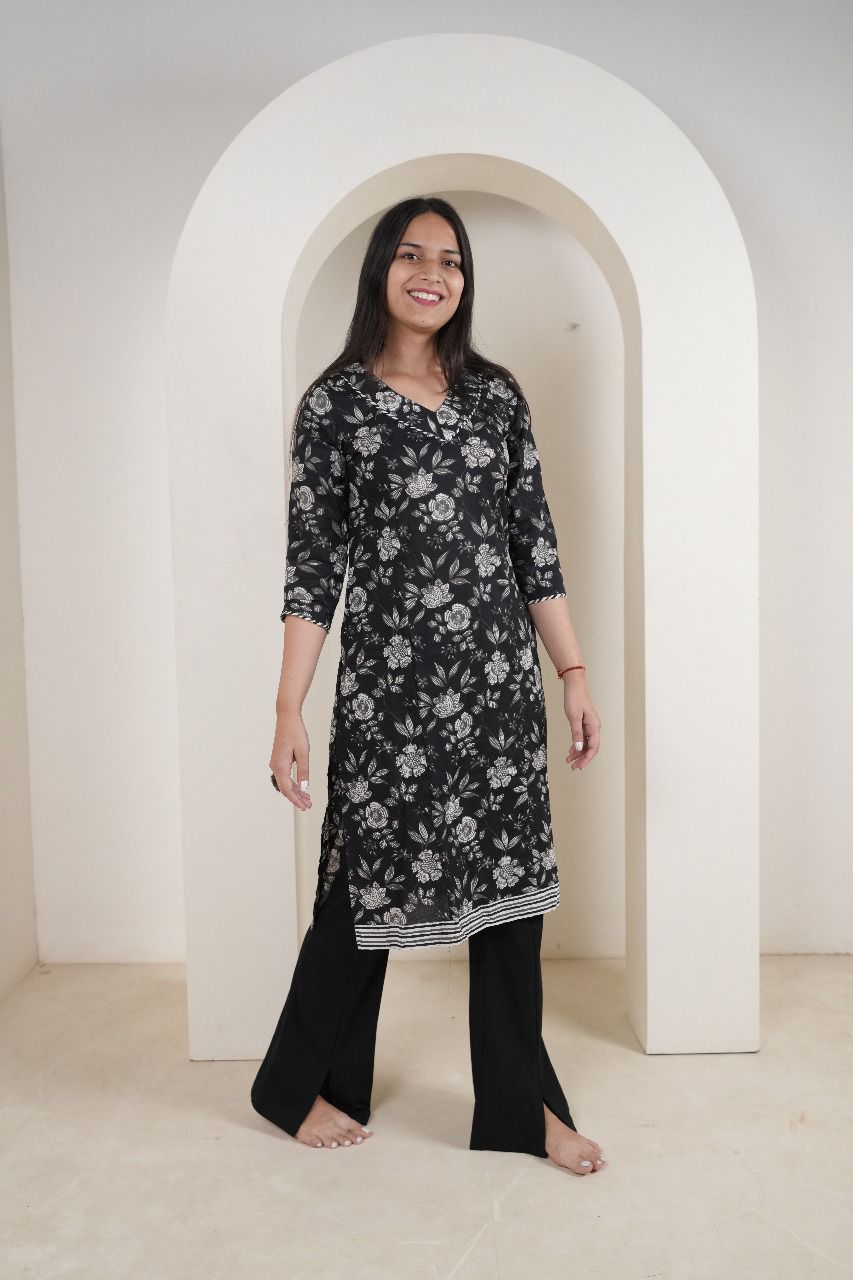 Classic Black & White Floral Cotton Kurti