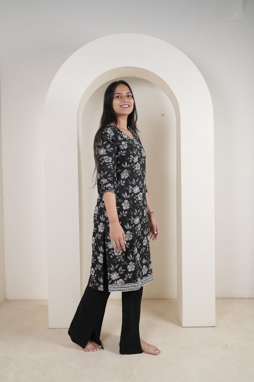 Classic Black & White Floral Cotton Kurti