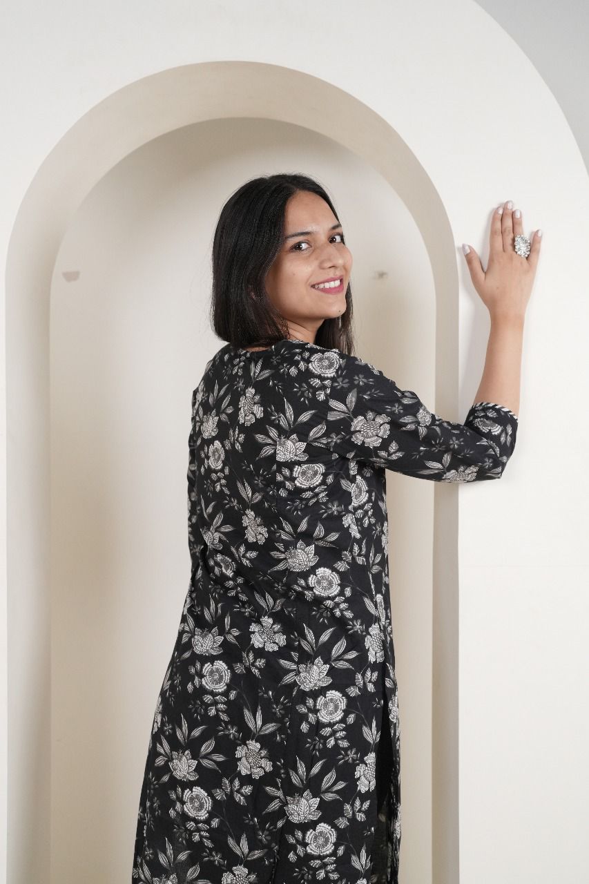 Classic Black & White Floral Cotton Kurti