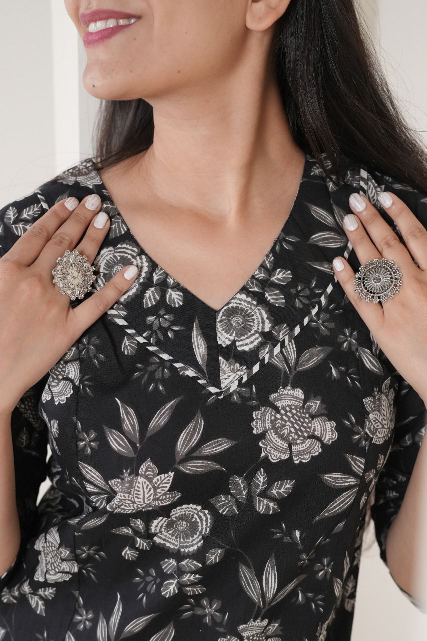 Classic Black & White Floral Cotton Kurti