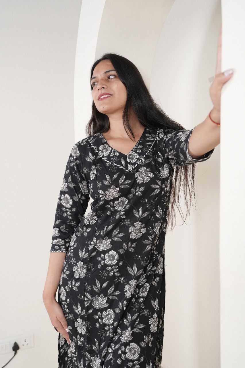 Classic Black & White Floral Cotton Kurti