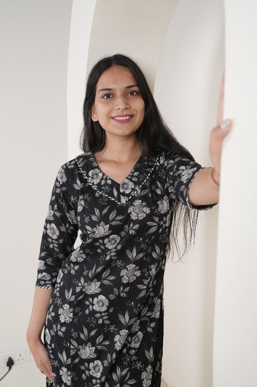 Classic Black & White Floral Cotton Kurti