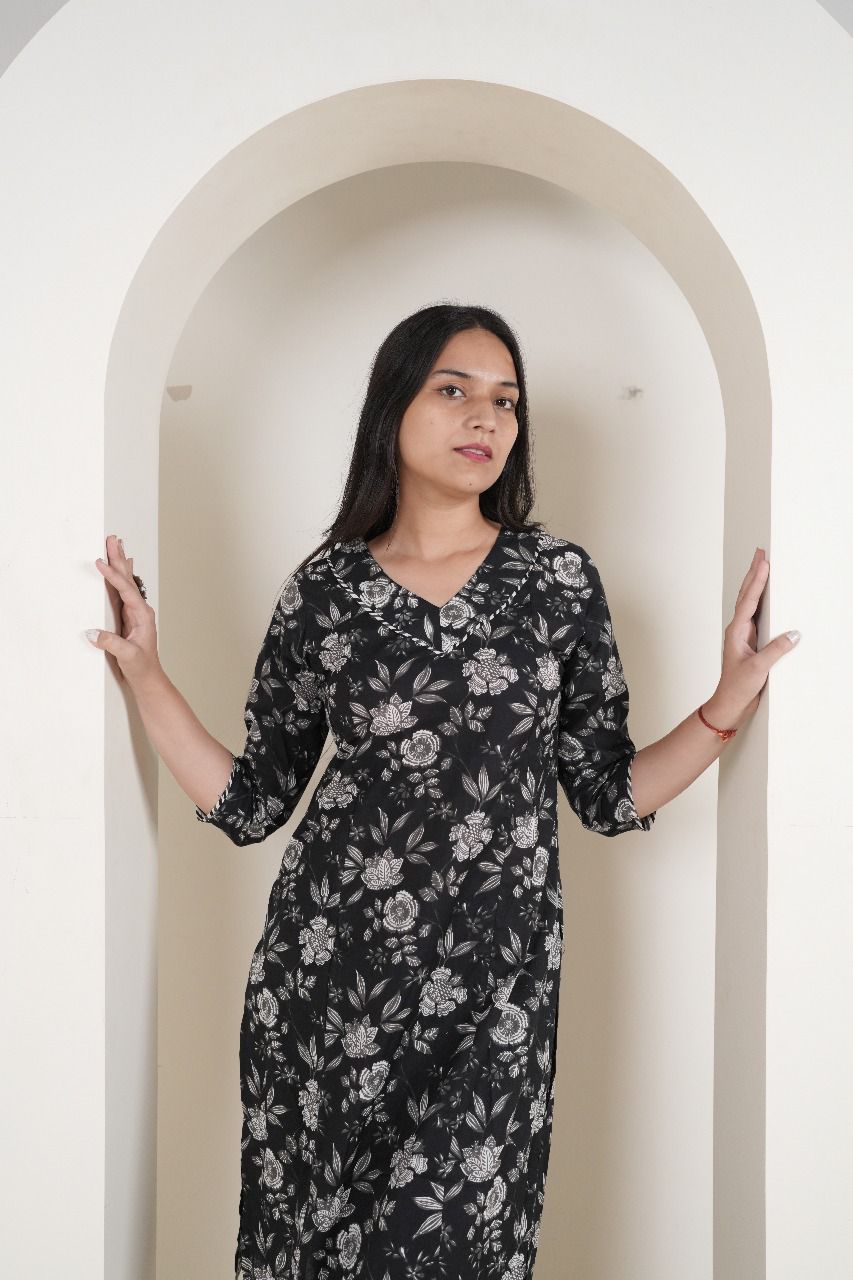 Classic Black & White Floral Cotton Kurti