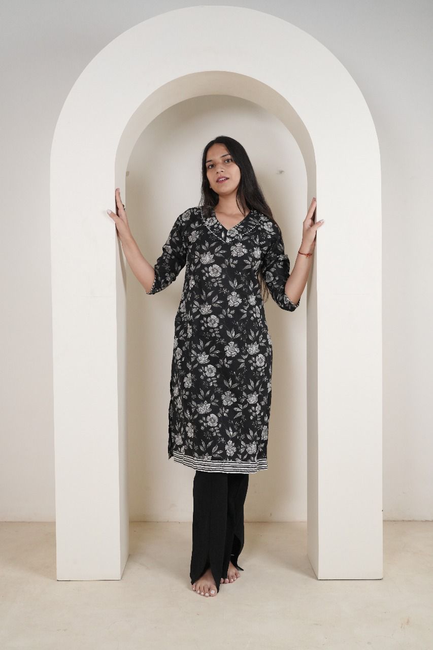 Classic Black & White Floral Cotton Kurti