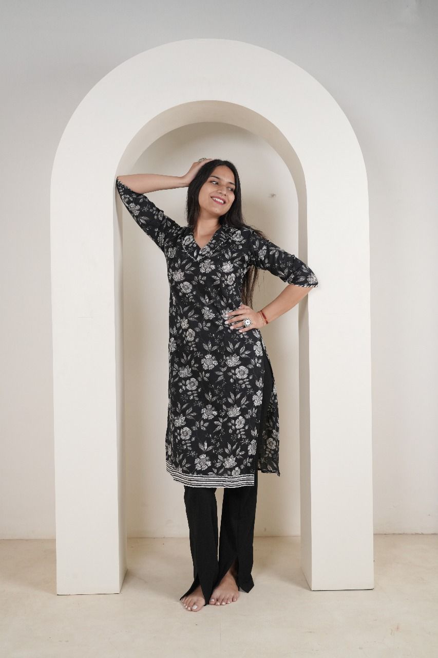 Classic Black & White Floral Cotton Kurti