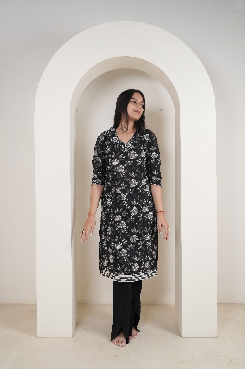 Classic Black & White Floral Cotton Kurti