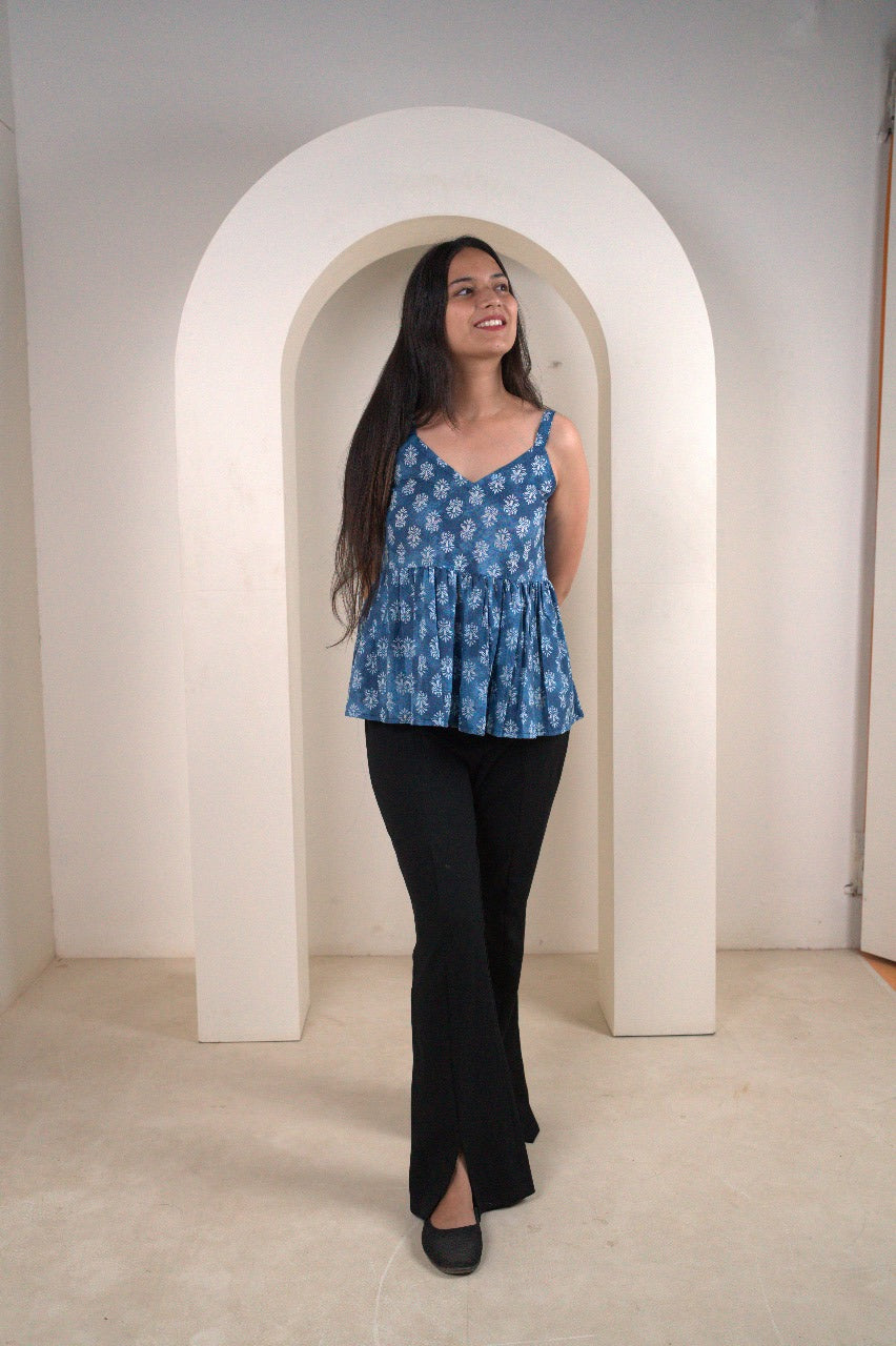 Blue Floral Sleeveless Peplum Kurti
