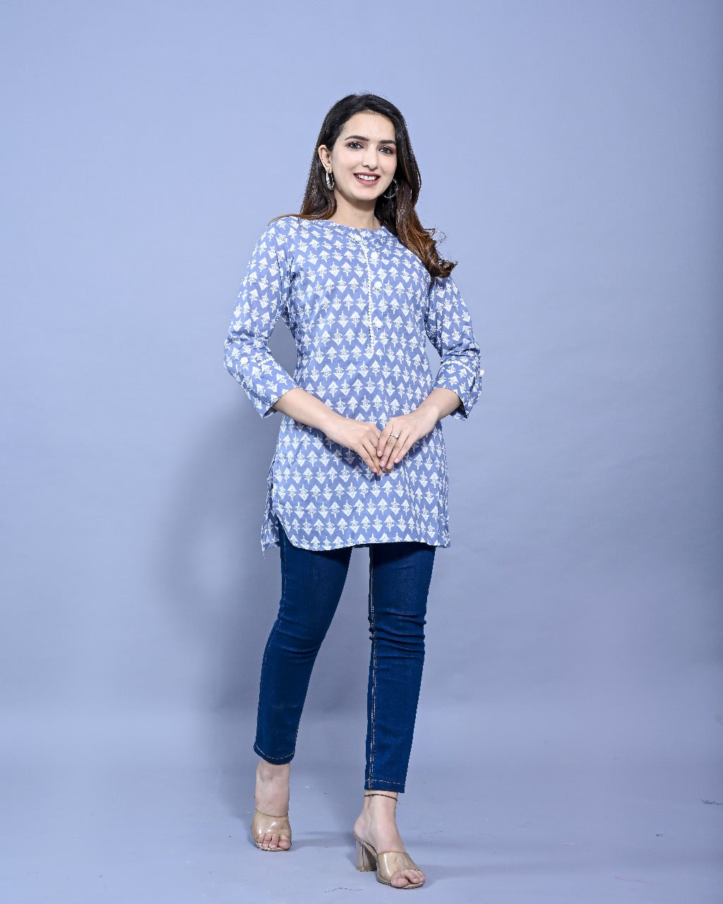 Aadviik Fashions Blue and White Printed Cotton Kurti
