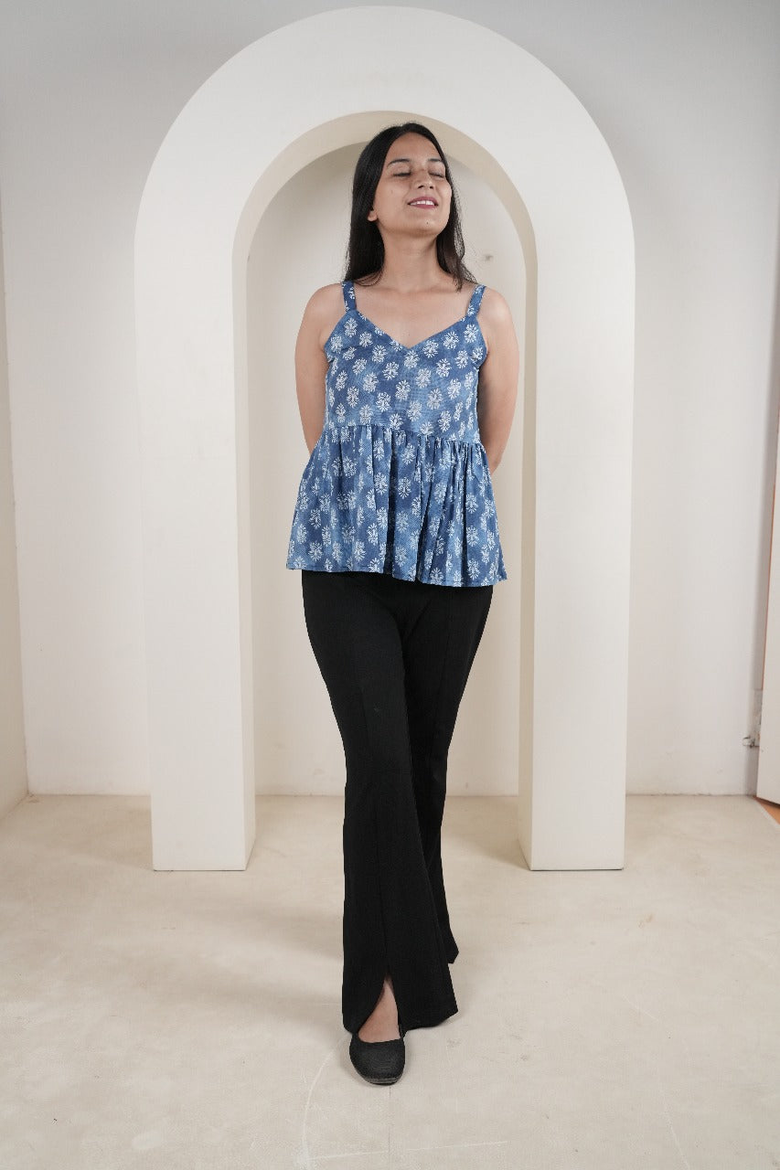 Blue Floral Sleeveless Peplum Kurti