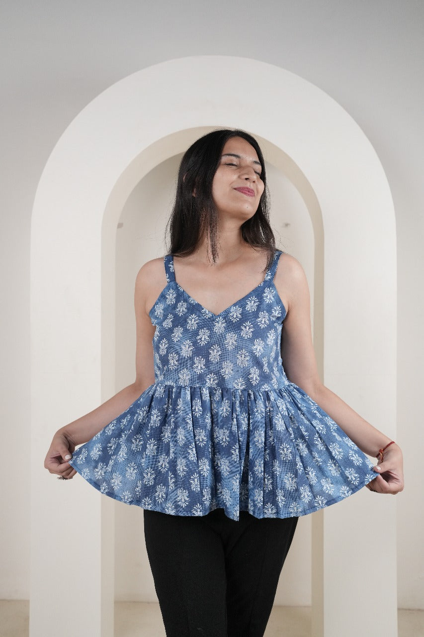 Blue Floral Sleeveless Peplum Kurti