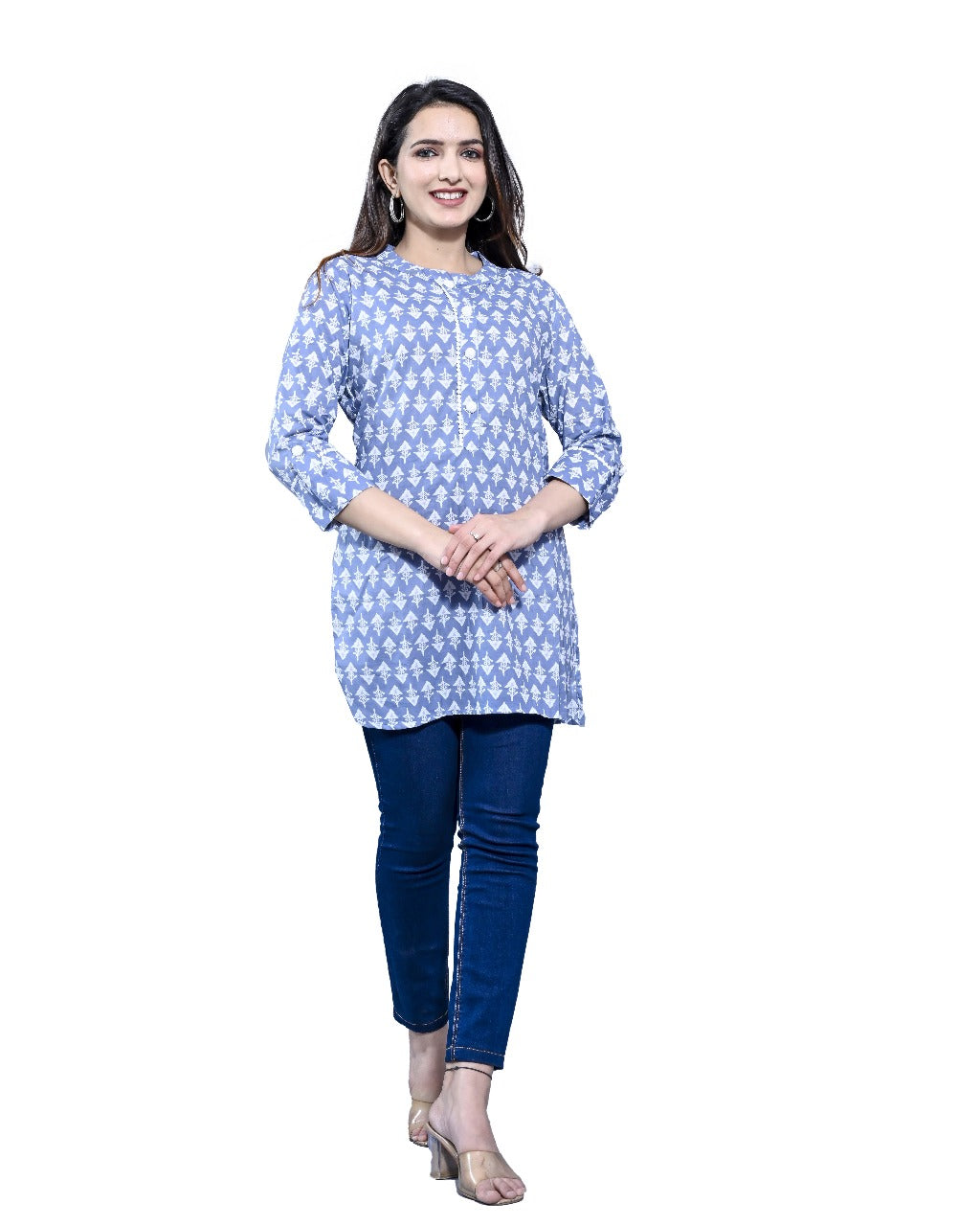 Aadviik Fashions Blue and White Printed Cotton Kurti