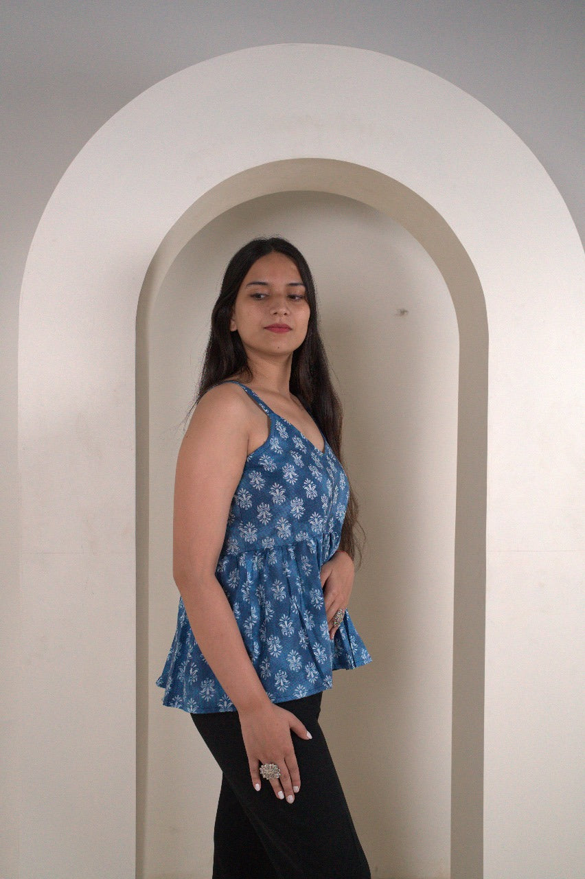 Blue Floral Sleeveless Peplum Kurti