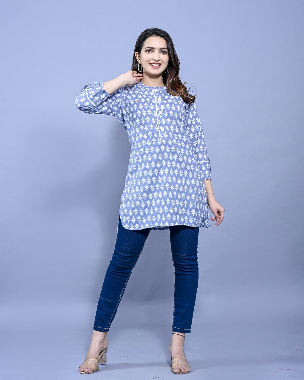 Aadviik Fashions Blue and White Printed Cotton Kurti