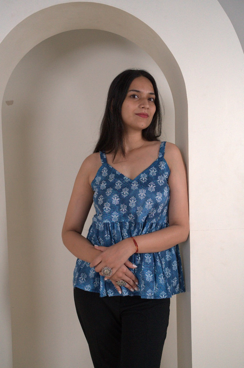 Blue Floral Sleeveless Peplum Kurti