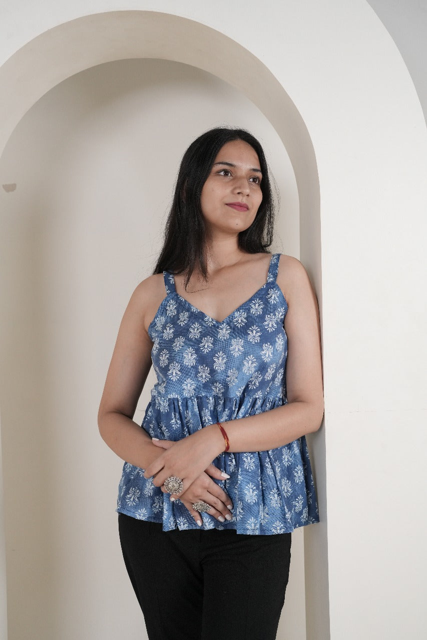 Blue Floral Sleeveless Peplum Kurti