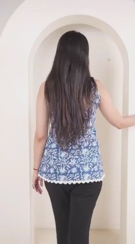 Floral & Geometric Print Sleeveless Kurti